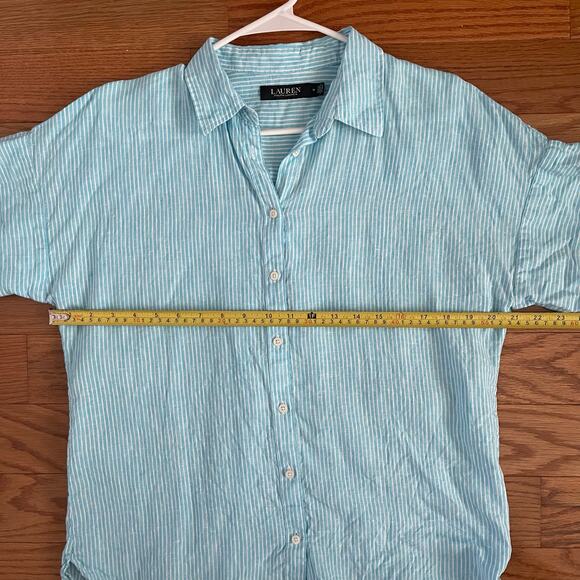 Lauren Ralph Lauren Linen Shirt Women M Blue White Striped Button Casual Coastal - Picture 7 of 9